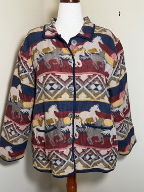 Vtg Jane Ashley Western Horse Tapestry Jacket Womens 2X Plus Southwest Boho